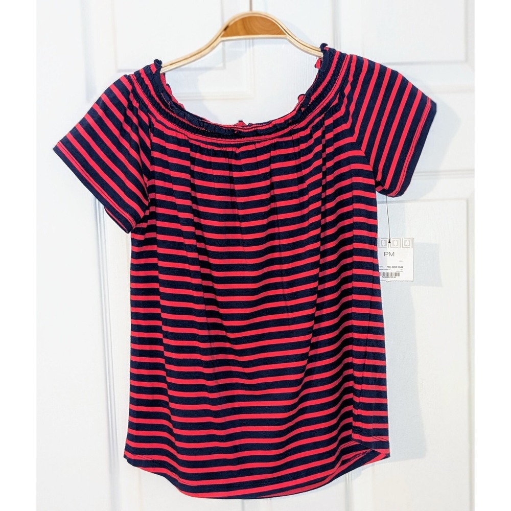 Liz Claiborne Top Medium Petite Pink Blue Stripe Elastic Collar Short Sleeve NWT